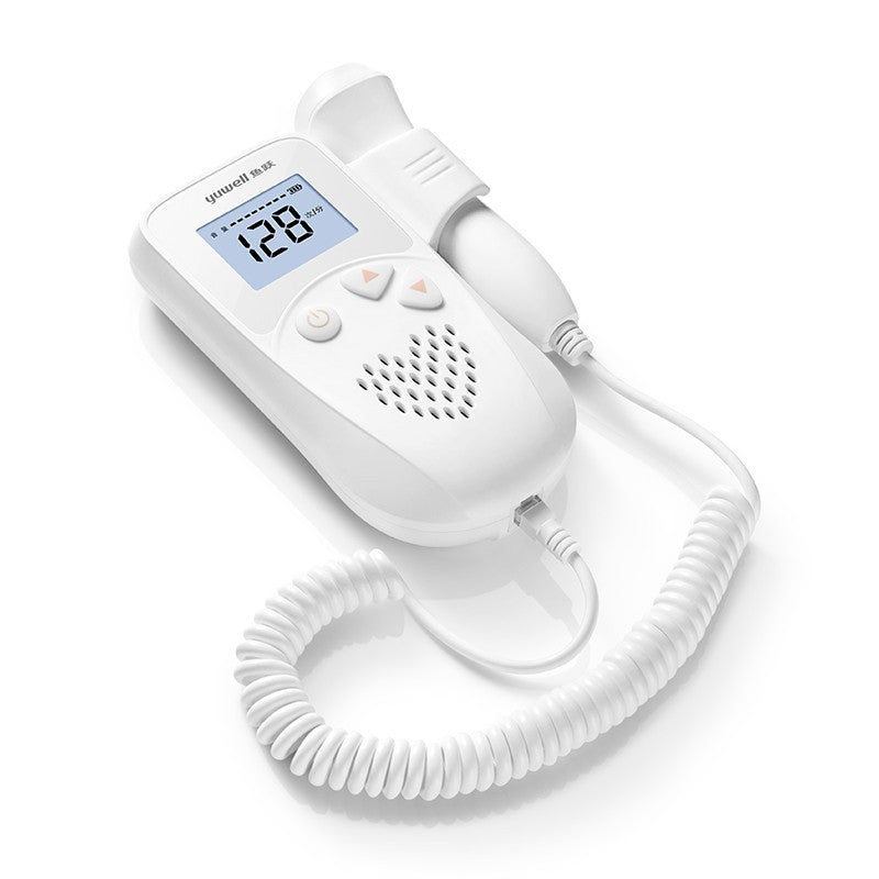 White fetal heart rate monitor with LCD screen and handheld waterproof probe for home pregnancy use