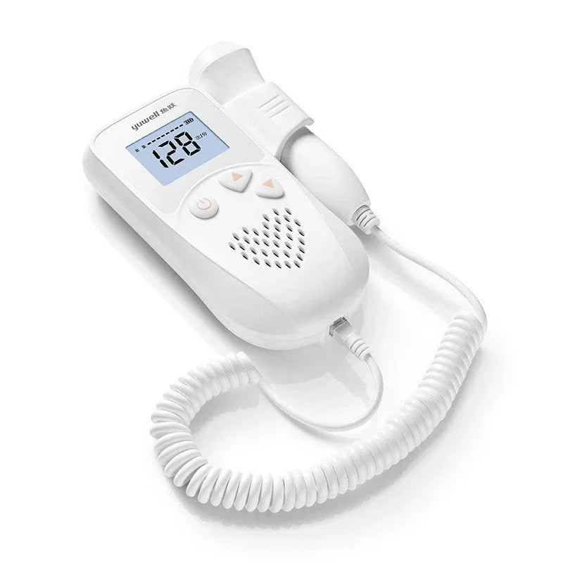 White handheld electronic device with LCD screen and coiled cable on white background