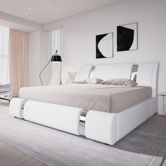 Allewie Queen Size Platform Bed Frame with Iron Piece Decor, Faux Leather Upholstered Bed with Curved Adjustable Headboard, Wooden Slats Support, No Box Spring Needed, Modern Style, White