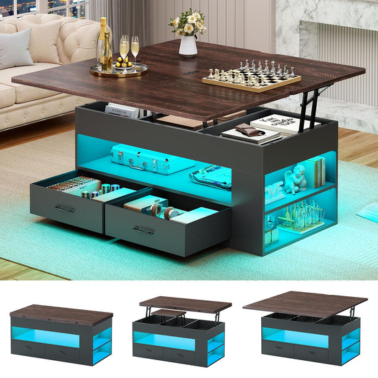 Itaar Lift Top Coffee Table, 4 in 1 Coffee Tables with Storage and Hidden Compartment, Farmhouse Coffee Table with 2 Fabric Drawers & LED Light for Living Room, Black