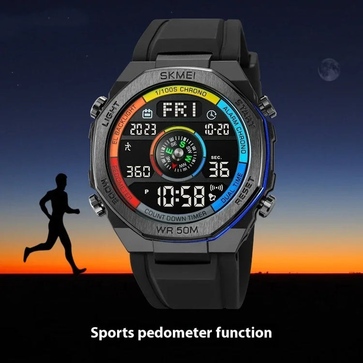 Digital sports watch with black band, colorful accents, and fitness tracking features
