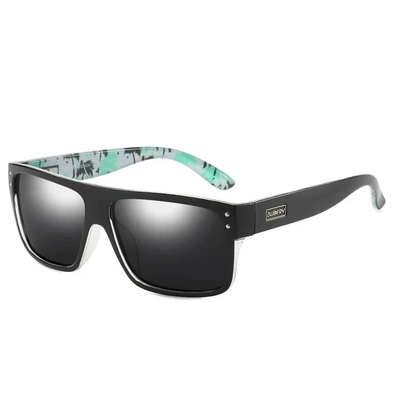 Black square-frame sunglasses with gradient lenses and mint green patterned inner arms