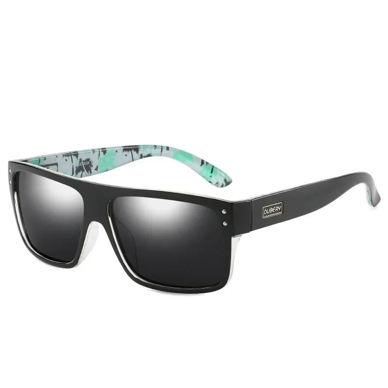 Black square-frame sunglasses with gradient lenses and mint green patterned inner arms