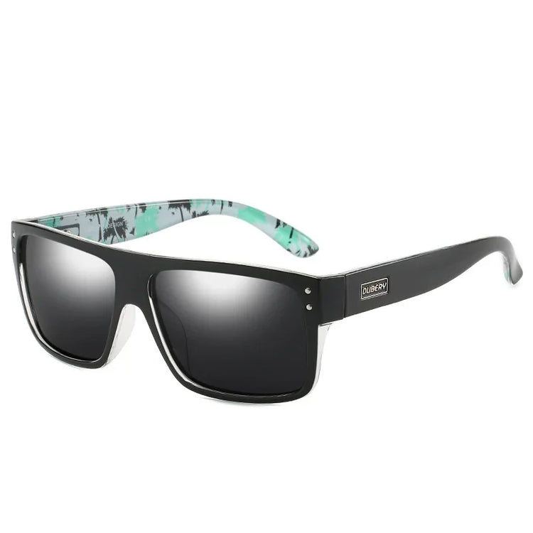 Black square-frame sunglasses with gradient lenses and mint green patterned inner arms