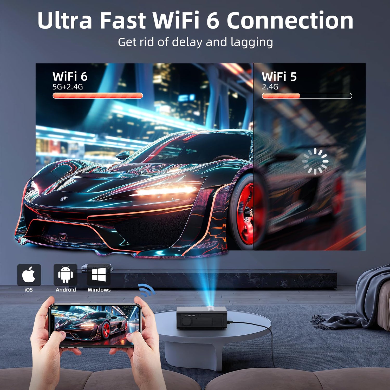 Netflix licensed smart projector with ultra fast WiFi 6 connection showing clear gaming visuals from phone to large screen indoors