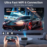 Netflix licensed smart projector with ultra fast WiFi 6 connection showing clear gaming visuals from phone to large screen indoors