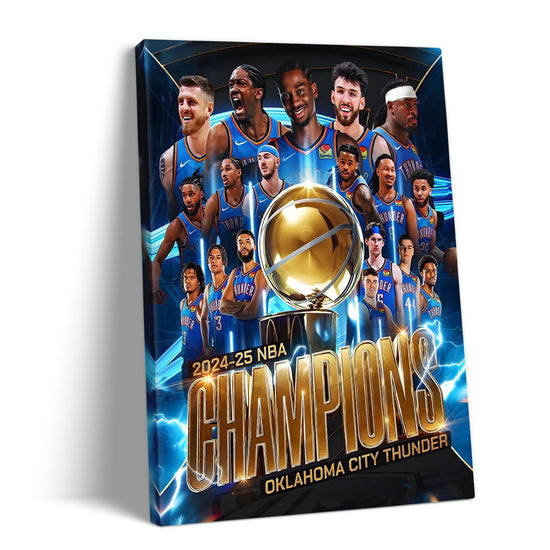 2025 NBA Finals Canvas Wall Art of Oklahoma City Thunder team with championship trophy and players on premium stretched canvas for sports room decor
