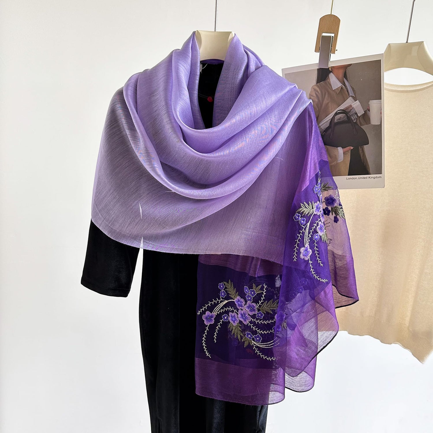 WINCESS.YU lightweight purple silk scarf with floral embroidery, ideal for weddings, beach, and sun protection