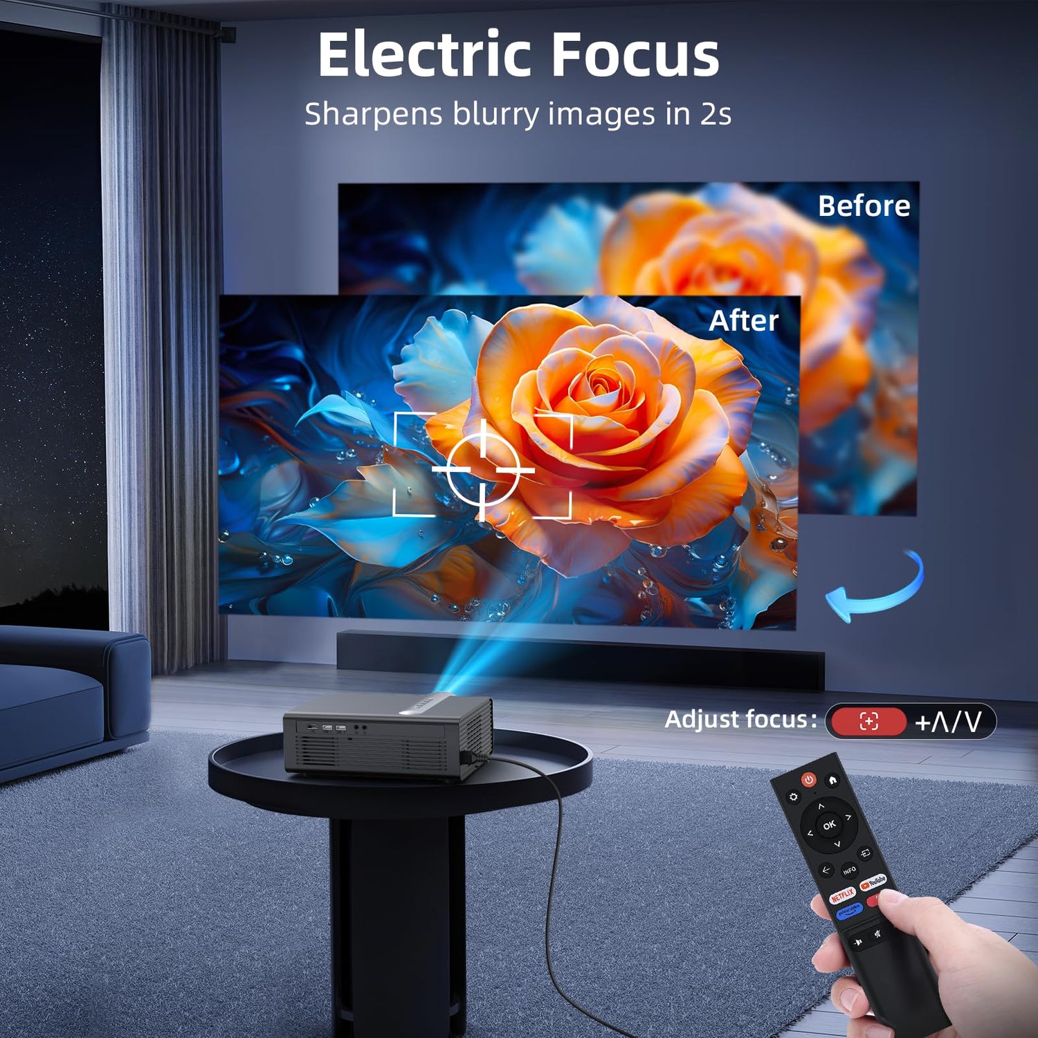 Netflix Licensed Smart Projector FUDONI Native 1080P 4K with electric focus and WiFi Bluetooth connectivity indoors and outdoors