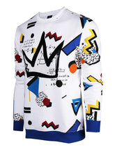 Mens Urban Hip Hop white fleece pullover with colorful abstract streetwear design