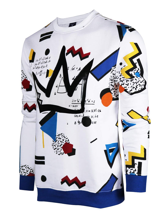 Mens Urban Hip Hop white fleece pullover with colorful abstract streetwear design
