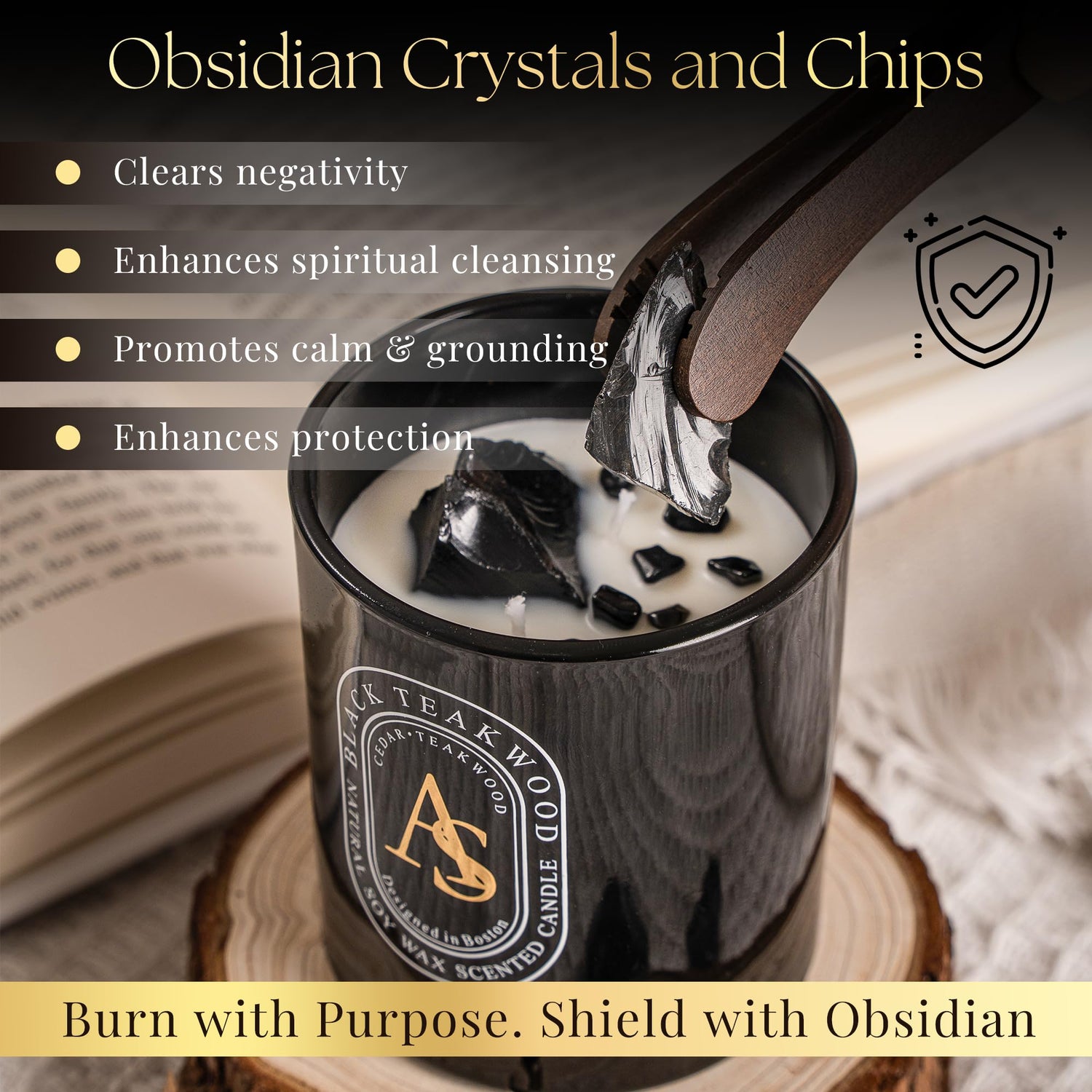 Black scented candle for men with obsidian crystals and teakwood scent for stress relief and grounding