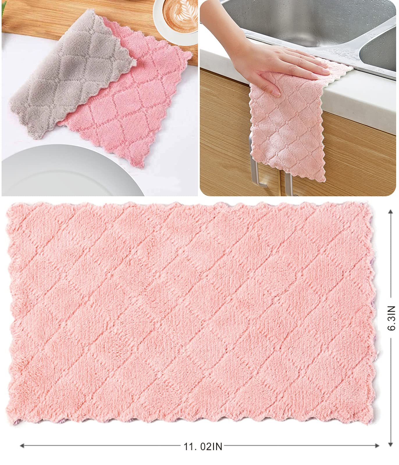 10 pack super absorbent pink and grey microfiber kitchen cloths made of coral velvet, soft and quick-dry dish towels for cleaning and drying.