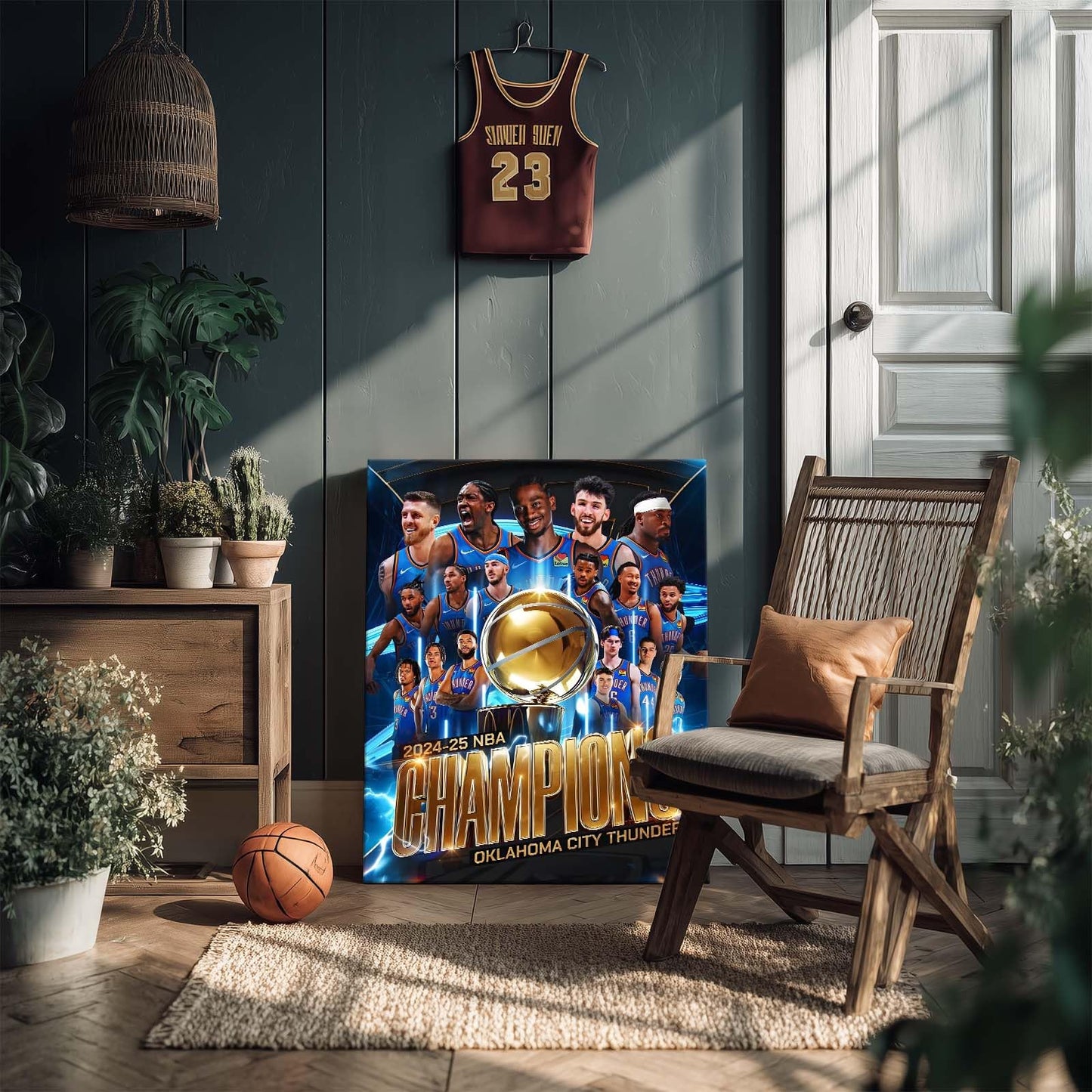 2025 NBA Finals Canvas Wall Art, Oklahoma City Thunder Team Champions Poster Print, Basketball Celebration Framed Artwork for Sports Room, Game Room or Boys Bedroom Wall Display Decor 20x24inch