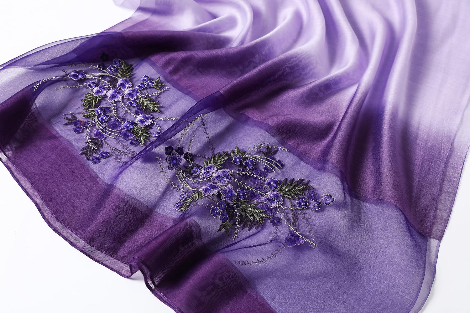 WINCESS.YU Silk Scarf purple lightweight embroidered floral shawl for women