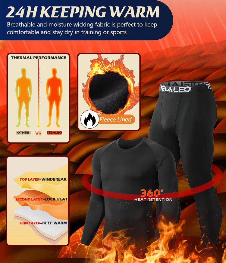 TELALEO 2 Set Mens Thermal Underwear fleece lined base layer for cold winter with moisture wicking and heat retention