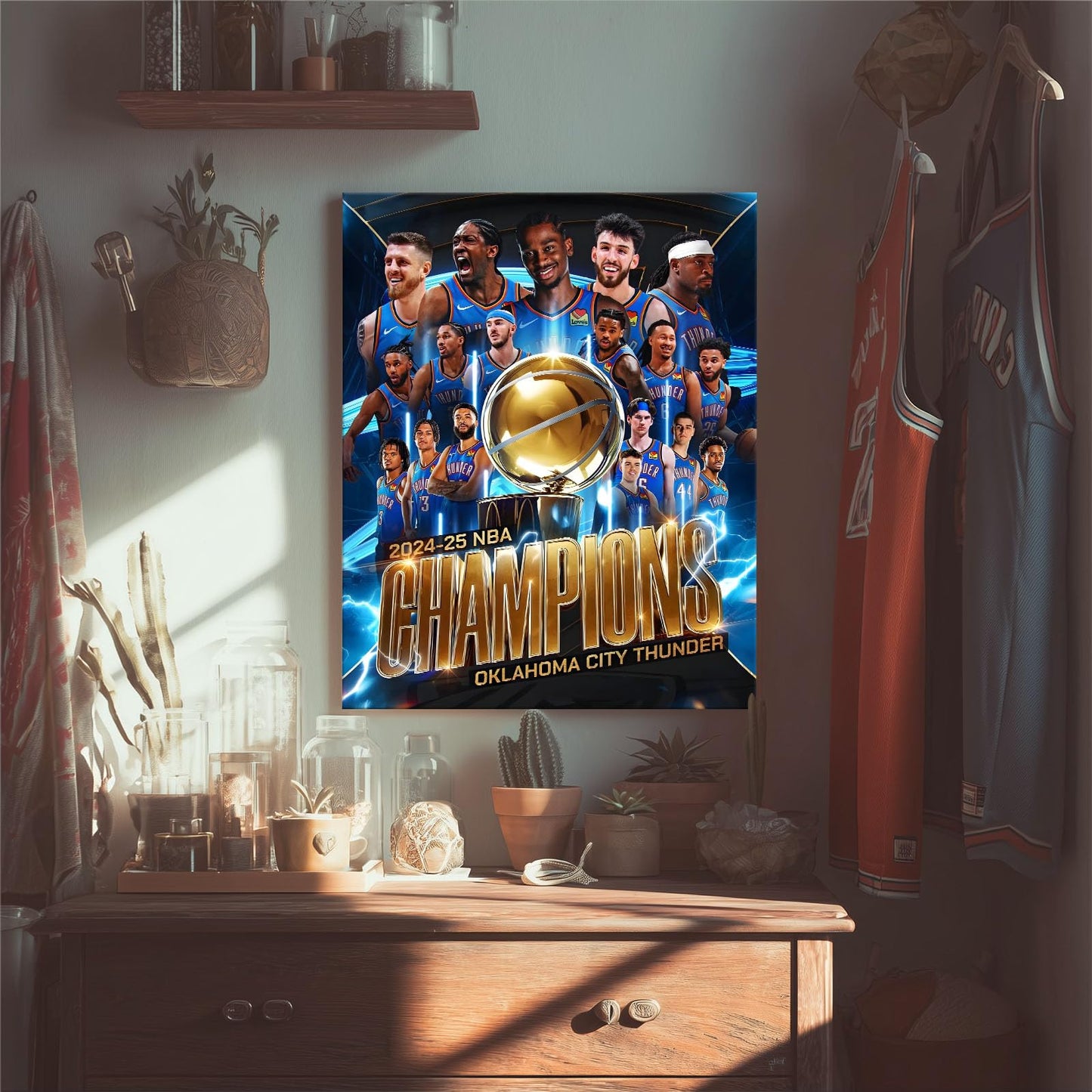 2025 NBA Finals Canvas Wall Art, Oklahoma City Thunder Team Champions Poster Print, Basketball Celebration Framed Artwork for Sports Room, Game Room or Boys Bedroom Wall Display Decor 20x24inch