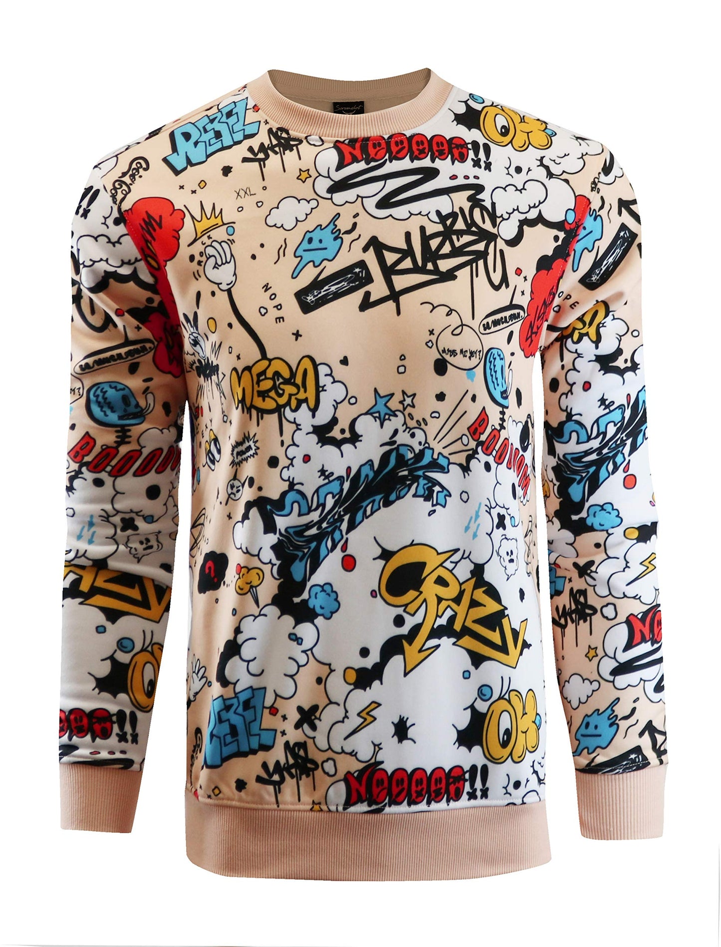 SCREENSHOT-F11025 Mens Urban Hip Hop Fleece Pullover - Crazy Writing Cartoon Animatin Applique Crew Neack Streetwear Sweatshirt-Multi-3XLarge