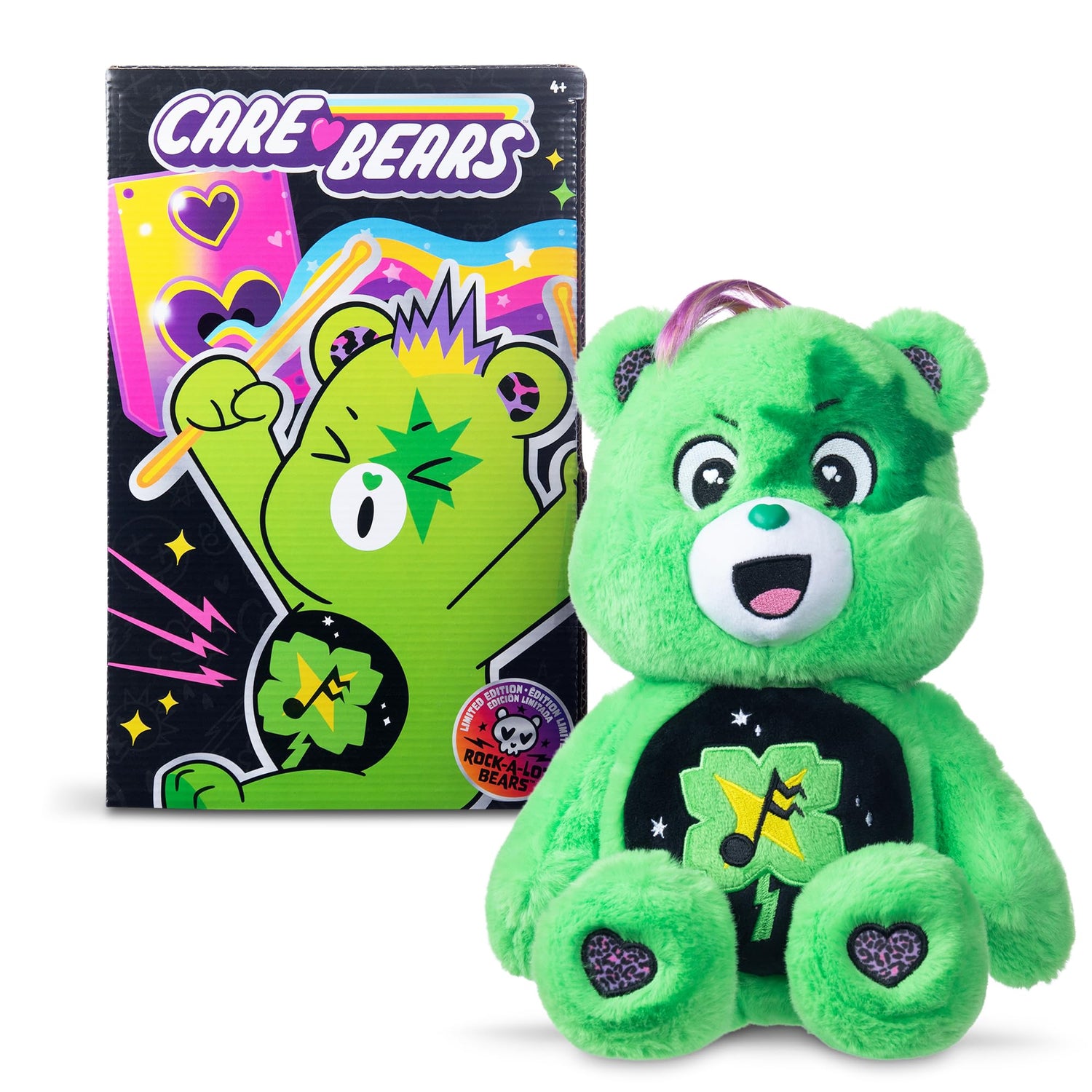 Green 14-inch Care Bears Rock-a-Lot Good Luck Bear plush with musical belly badge and star eye detail