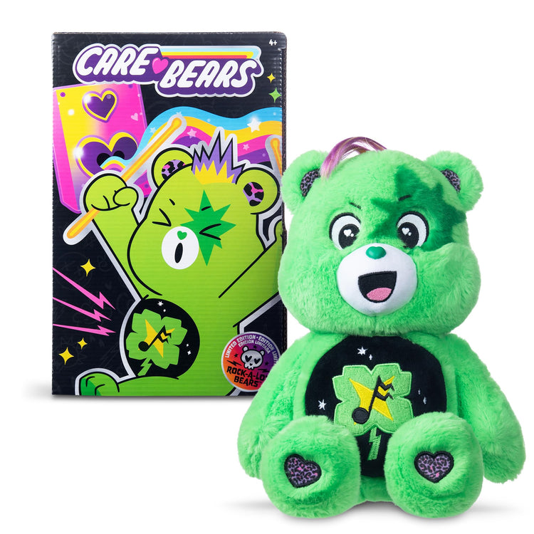 Green 14-inch Care Bears Rock-a-Lot Good Luck Bear plush with musical belly badge and star eye detail
