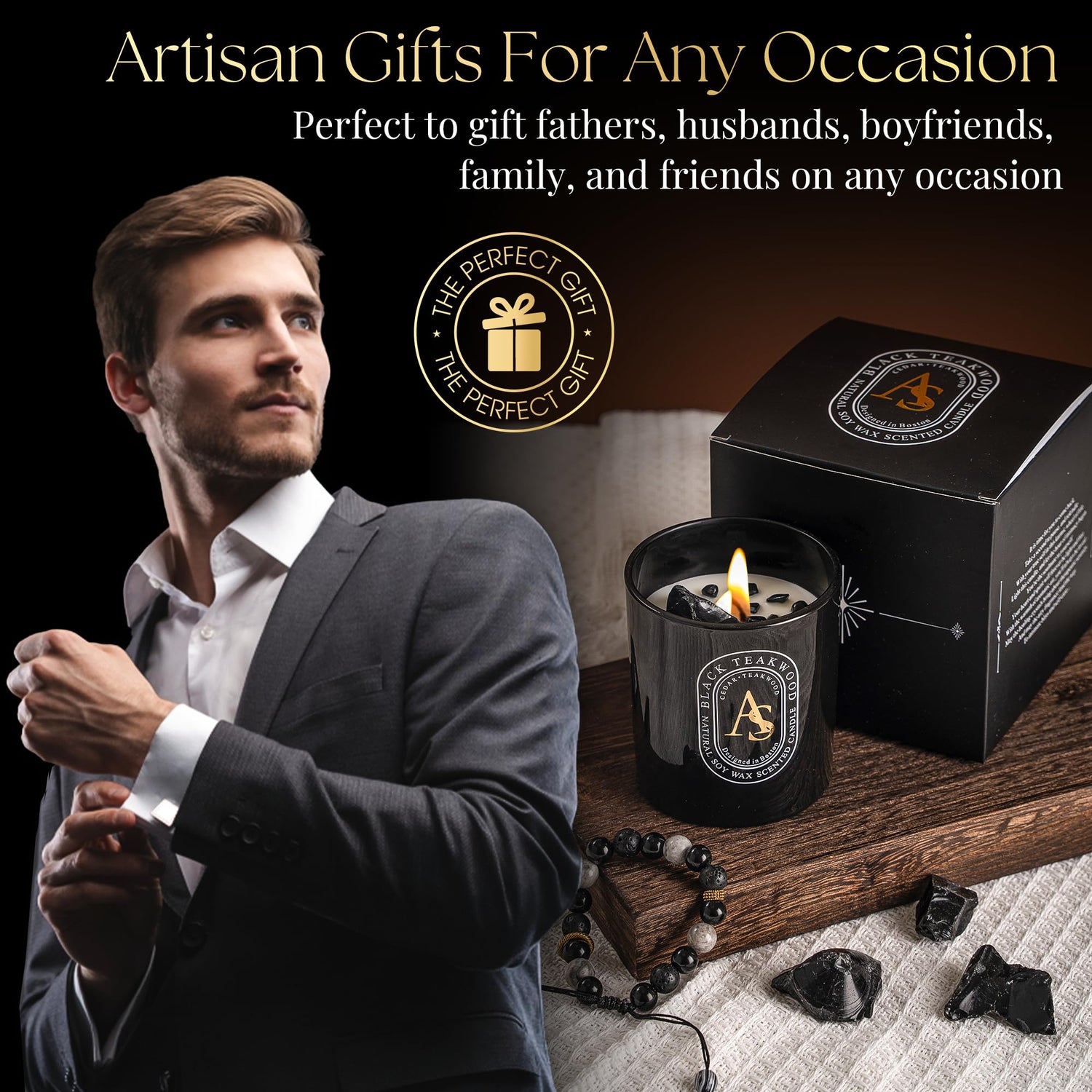 Scented candle for men with luxurious obsidian bracelet, teakwood aroma, hand-poured natural soy wax, stress relief and masculine gift.