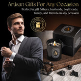 Scented candle for men with luxurious obsidian bracelet, teakwood aroma, hand-poured natural soy wax, stress relief and masculine gift.