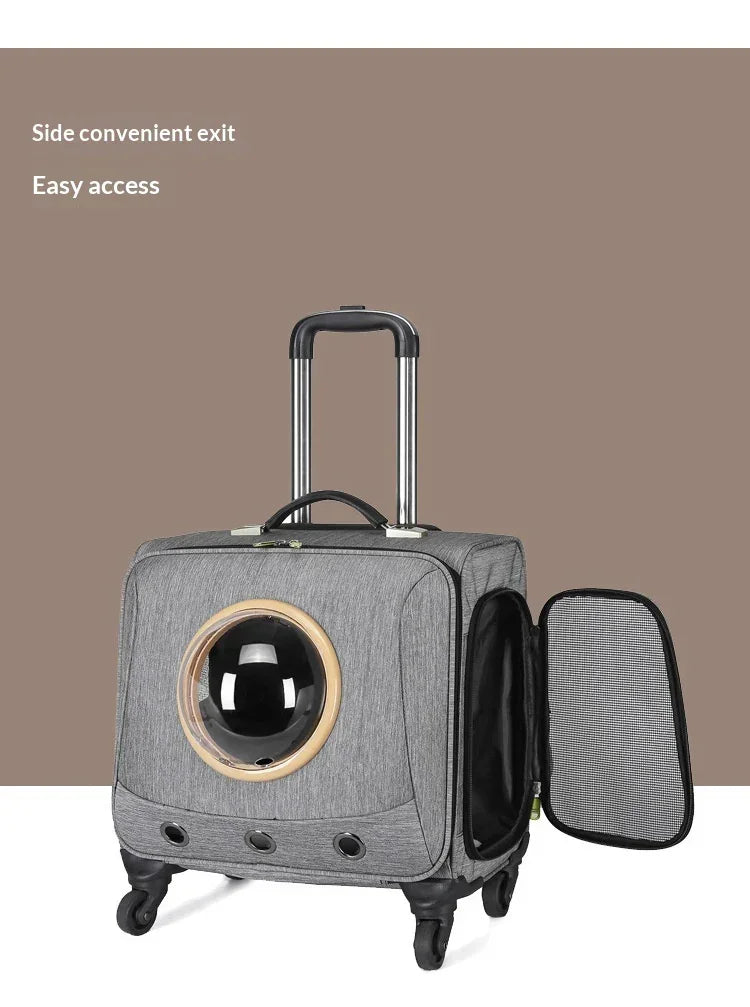 Gray fabric rolling pet carrier with telescopic handle, side opening, and transparent bubble window.