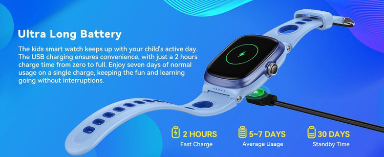 Blue kids smart watch with silicone strap, magnetic USB charging, modern tech accessory