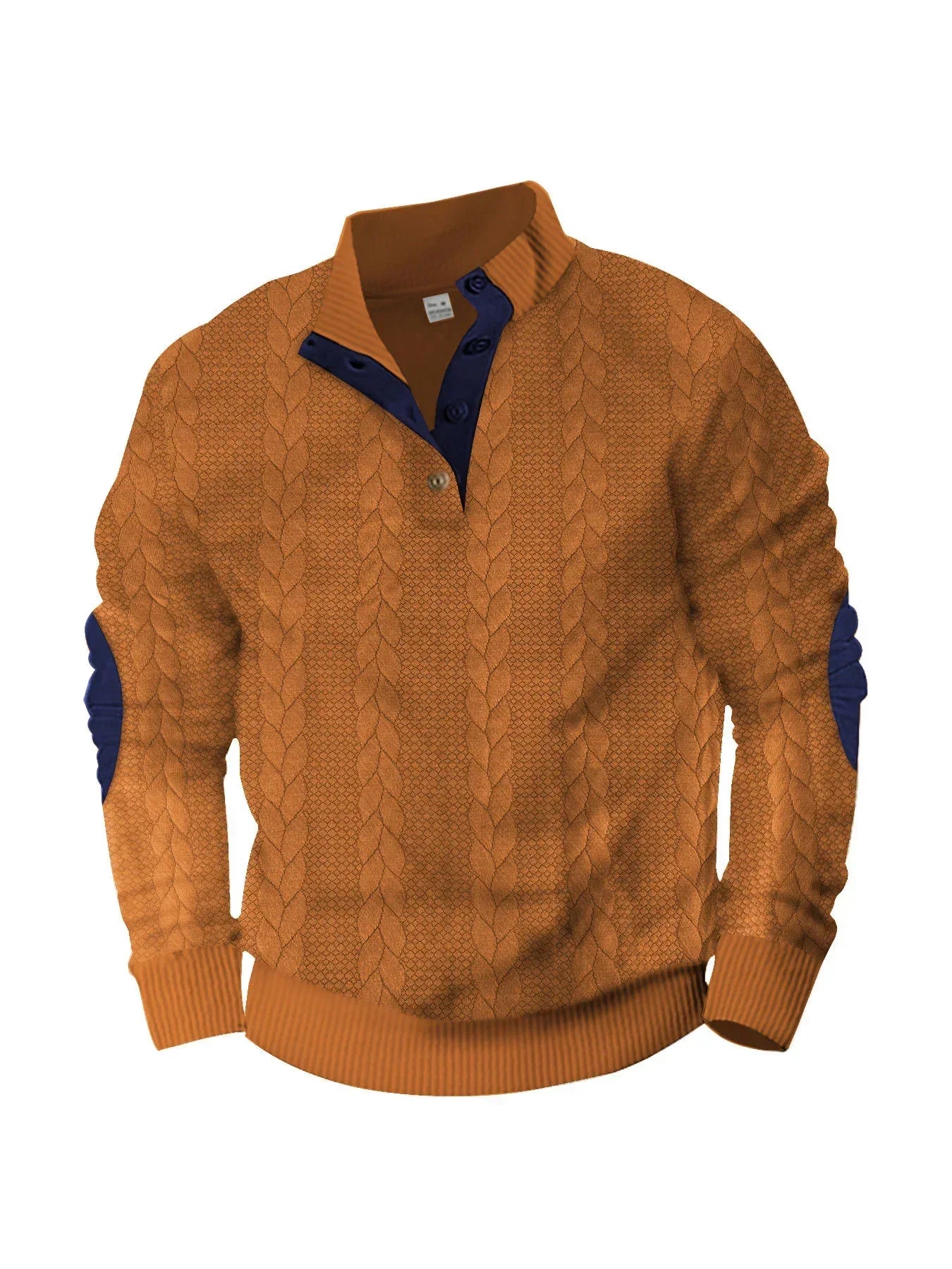 Orange cable knit pullover sweater with navy collar, button placket, and navy elbow patches