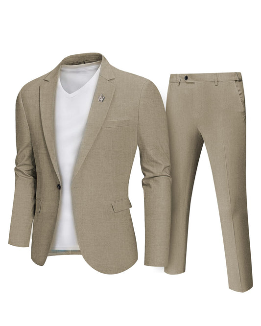 MrSure Mens 2 Piece Regular Fit Linen Suit, Casual Blazer Pants Set, Lightweight Jacket Trouser for Wedding Prom Carbon Medium