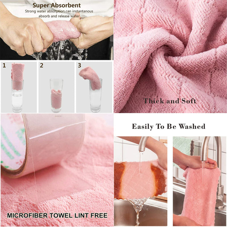 Pink microfiber kitchen cloth showing super absorbency, soft coral velvet texture, lint-free surface, and easy washing features