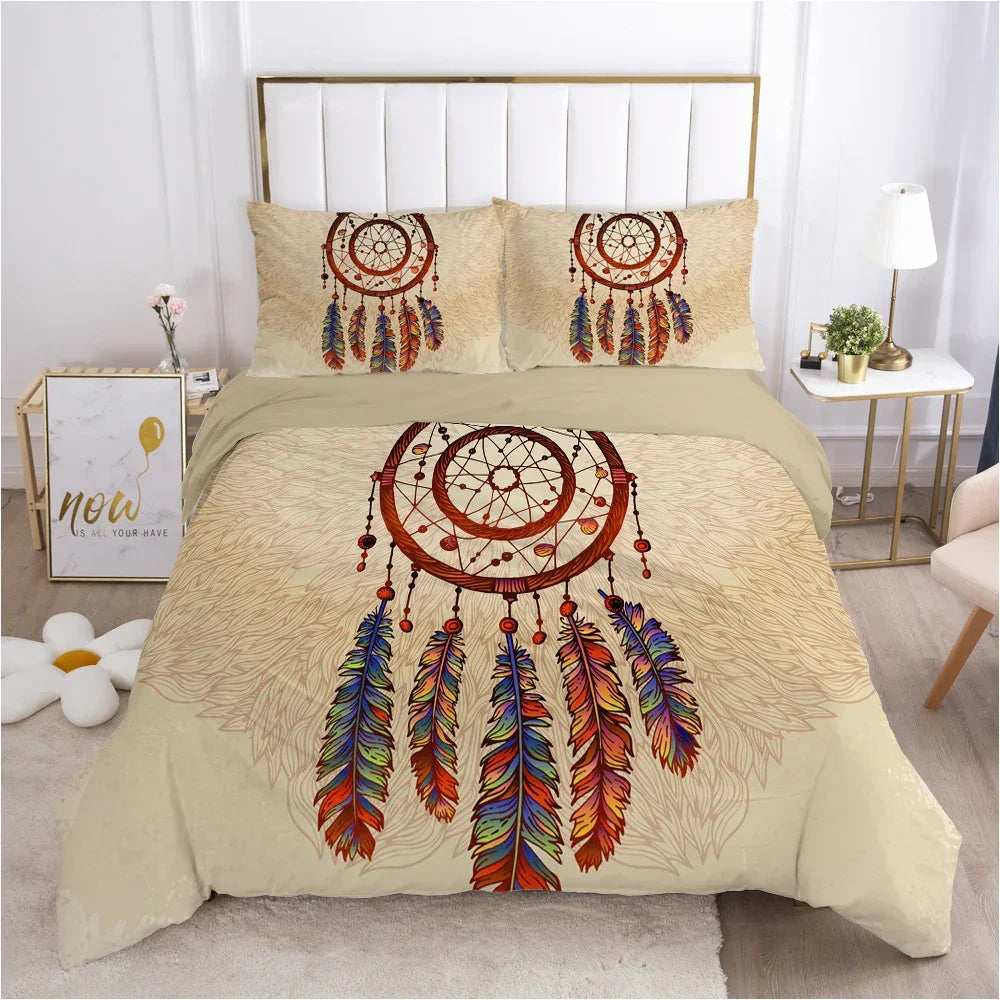 Beige duvet cover set with colorful dreamcatcher and feather print, soft polyester bedding