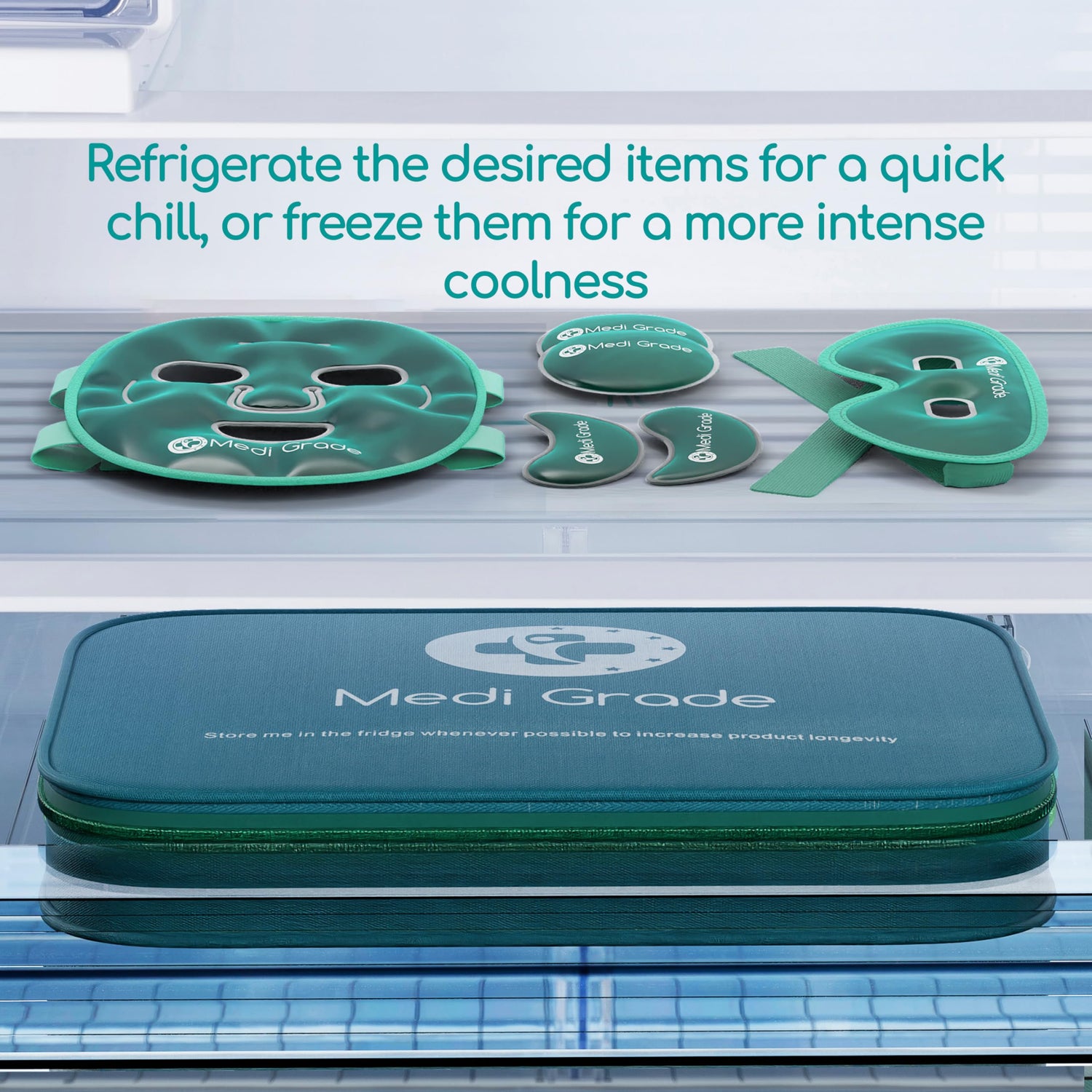 Medi Grade Cooling Ice Face Mask and Eye Pads with ChillGel technology in fridge for quick chill or freeze, packaged in blue Medi Grade bag