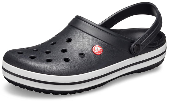 Black Crocs Unisex Crocband Clog with white stripe and ventilation holes