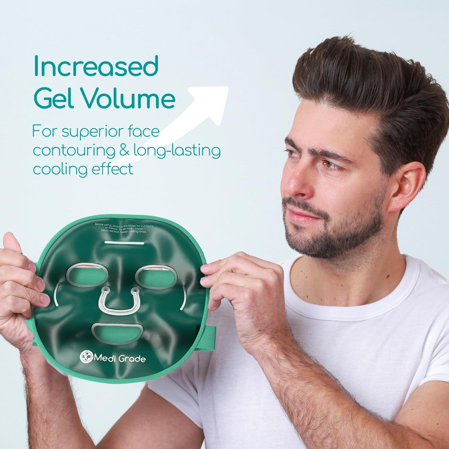 Man holding Medi Grade Cooling Ice Face Mask with increased gel volume for superior contouring and cooling effect