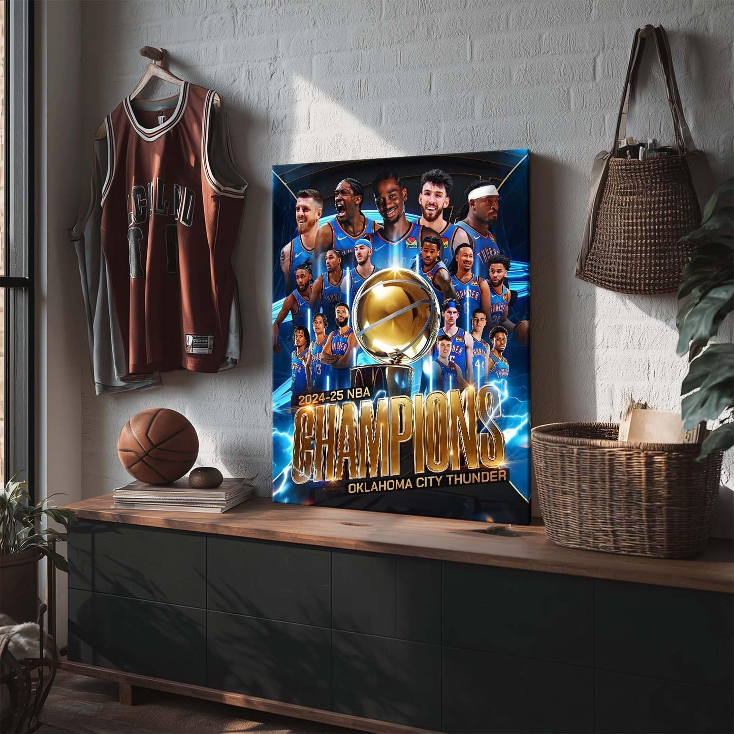 2025 NBA Finals Canvas Wall Art, Oklahoma City Thunder Team Champions Poster Print, Basketball Celebration Framed Artwork for Sports Room, Game Room or Boys Bedroom Wall Display Decor 20x24inch