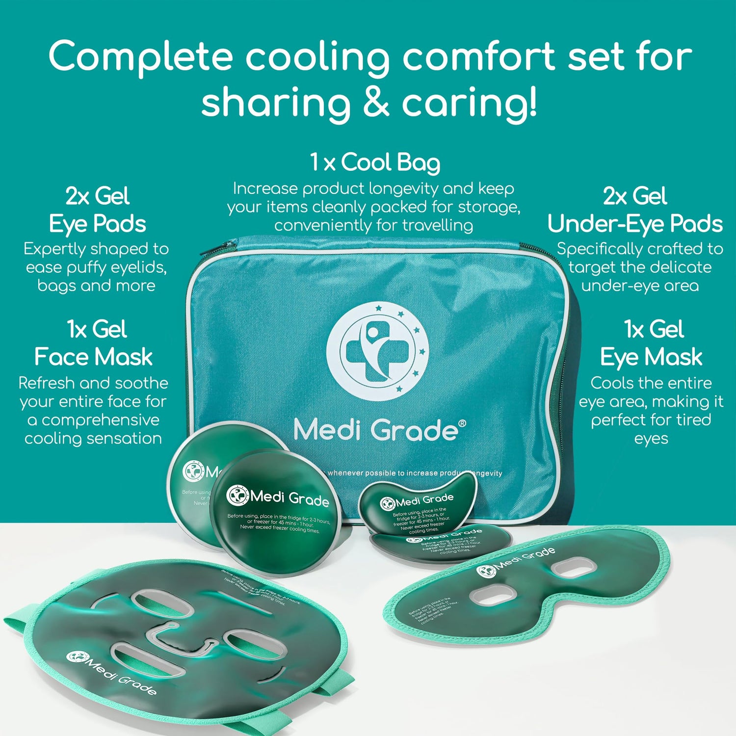 Medi Grade Cooling Ice Face Mask and Eye Pads set with cool bag for puffiness and migraine relief