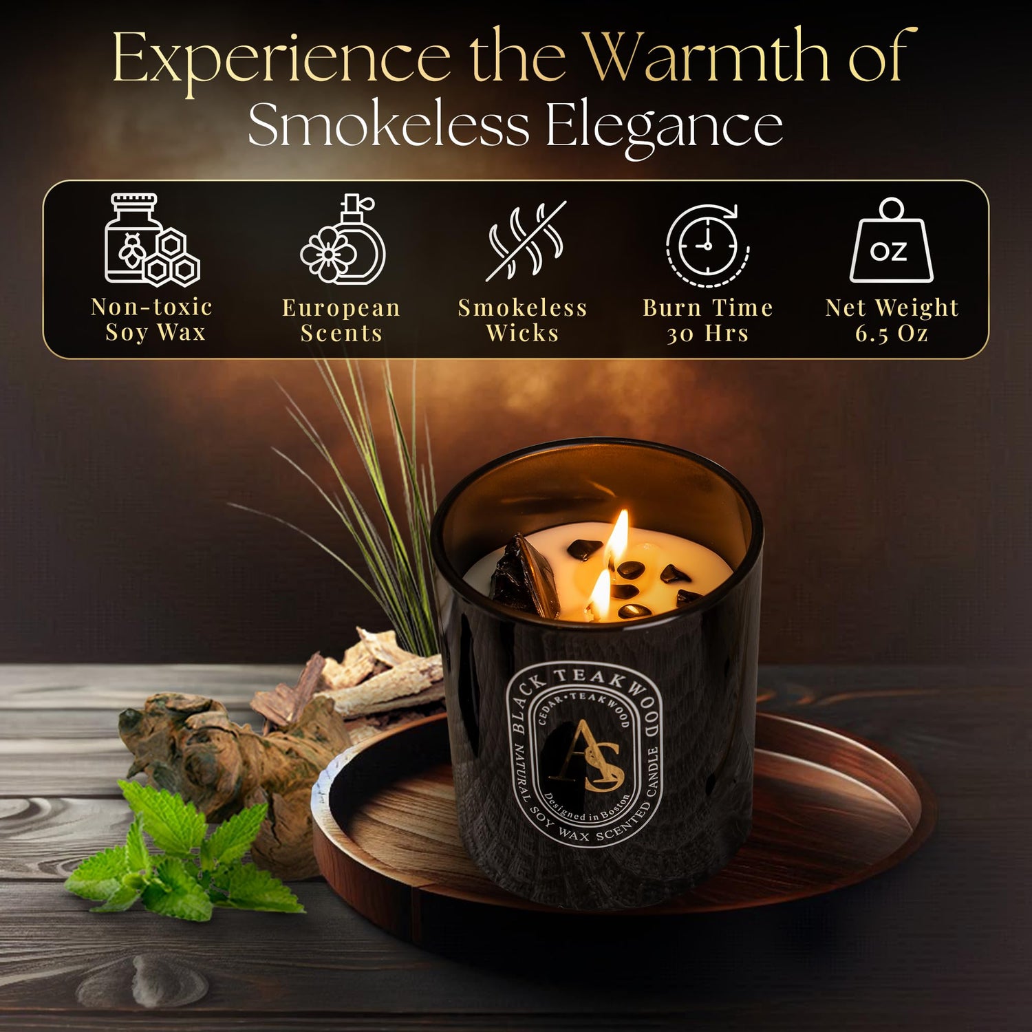 Black teakwood scented candle for men in glass jar with smokeless wicks and natural soy wax burning on wooden tray