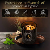 Black teakwood scented candle for men in glass jar with smokeless wicks and natural soy wax burning on wooden tray