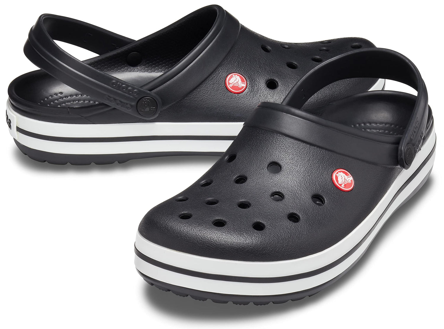 Black Crocs Unisex Crocband Clog with white stripes and adjustable heel strap