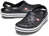 Black Crocs Unisex Crocband Clog with white stripes and adjustable heel strap
