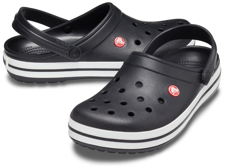 Black Crocs Unisex Crocband Clog with white stripes and adjustable heel strap