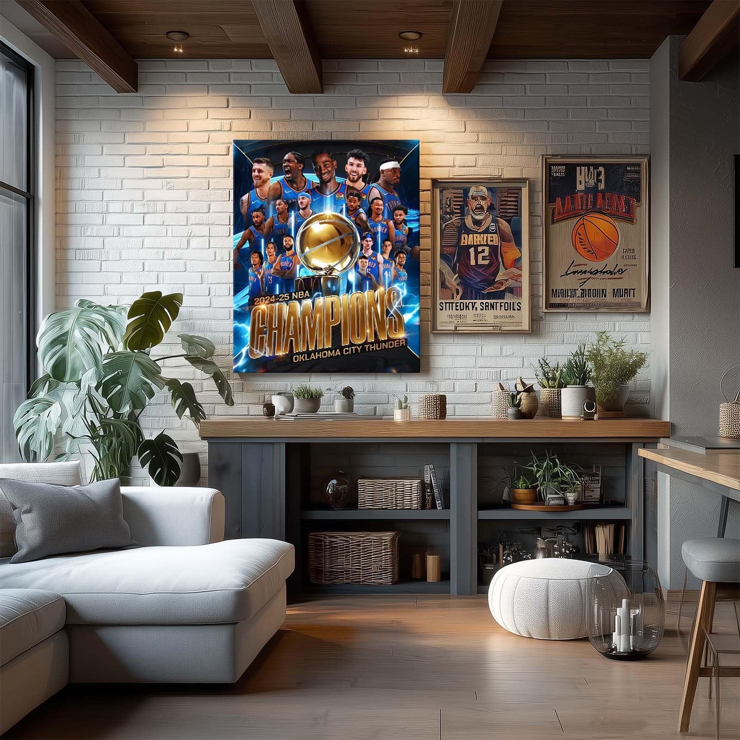 2025 NBA Finals Canvas Wall Art, Oklahoma City Thunder Team Champions Poster Print, Basketball Celebration Framed Artwork for Sports Room, Game Room or Boys Bedroom Wall Display Decor 20x24inch