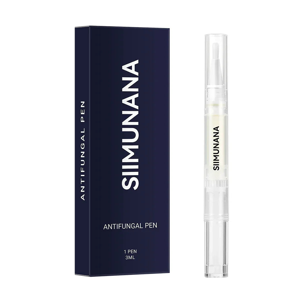 Clear antifungal pen with brush tip and dark blue box, sleek modern design