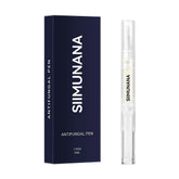 Clear antifungal pen with brush tip and dark blue box, sleek modern design