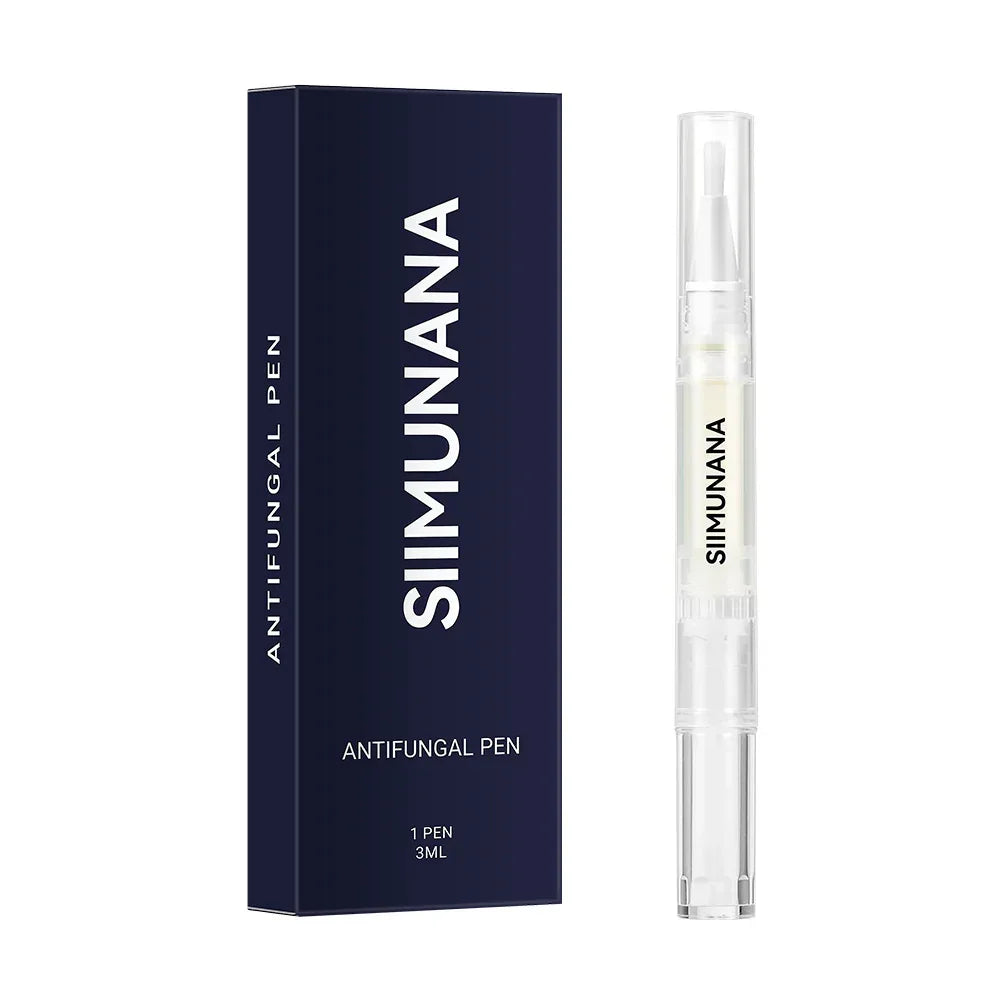 Clear antifungal pen with brush tip and dark blue box, sleek modern design