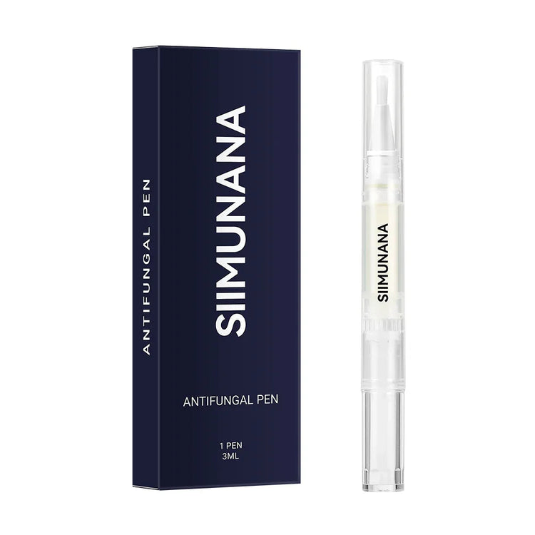 Clear antifungal pen with brush tip and dark blue box, sleek modern design