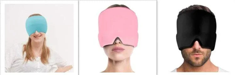 Three people wearing oversized eye masks in blue, pink, and black, soft fabric, relaxed fit