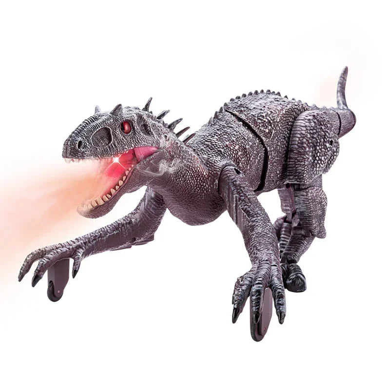 Gray robotic dinosaur toy with textured details and red LED eyes, breathing light effect