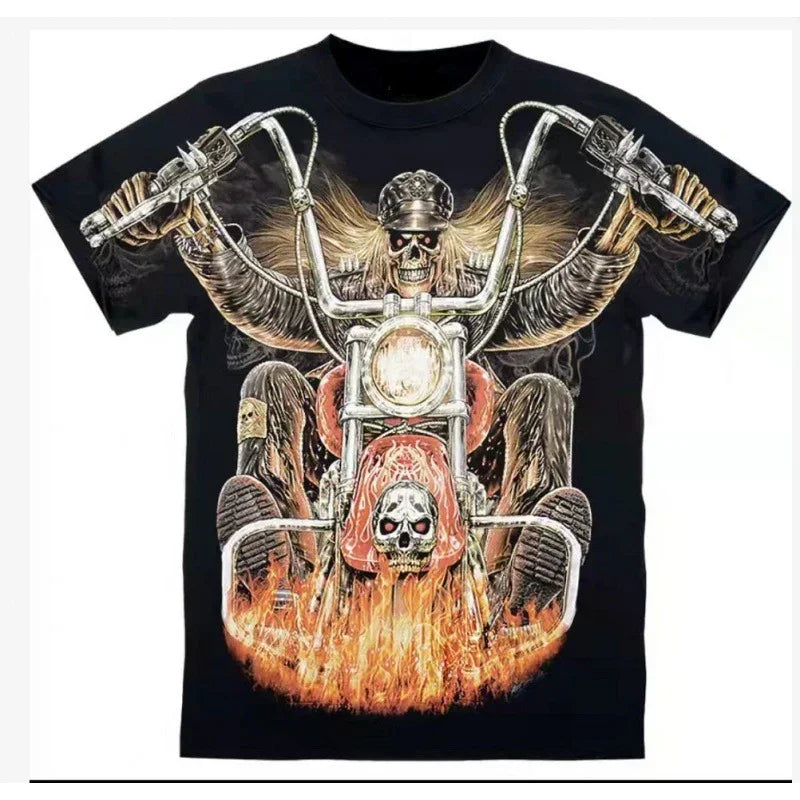 Black oversized T-shirt with vivid biker skeleton graphic, flames, and streetwear style design.